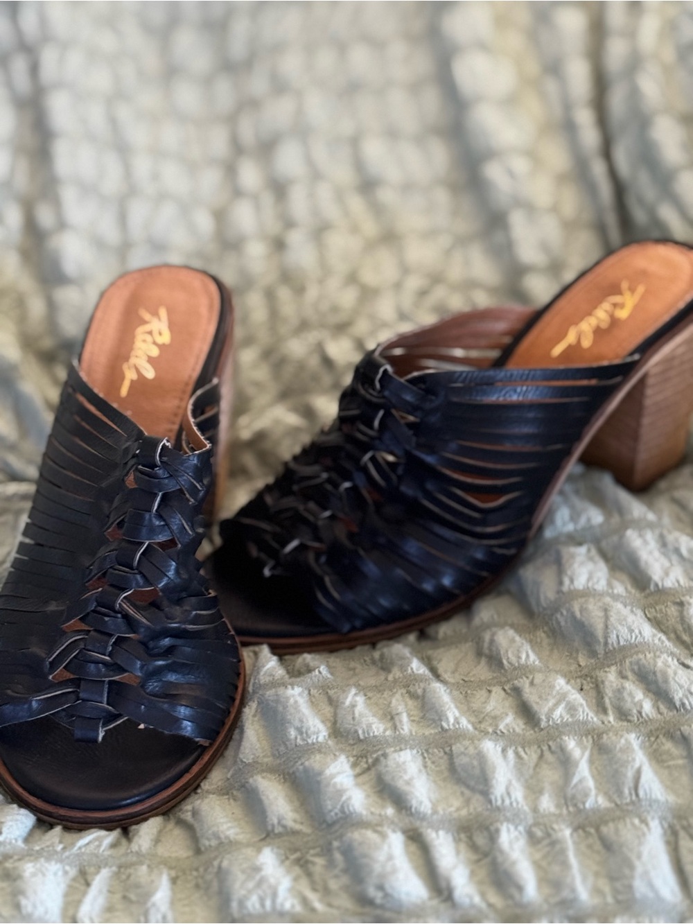rebels Black Woven Leather Slip-On Block Heel Sandals